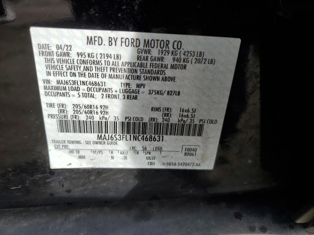 MAJ6S3FL1NC468631 2022 Ford Ecosport S