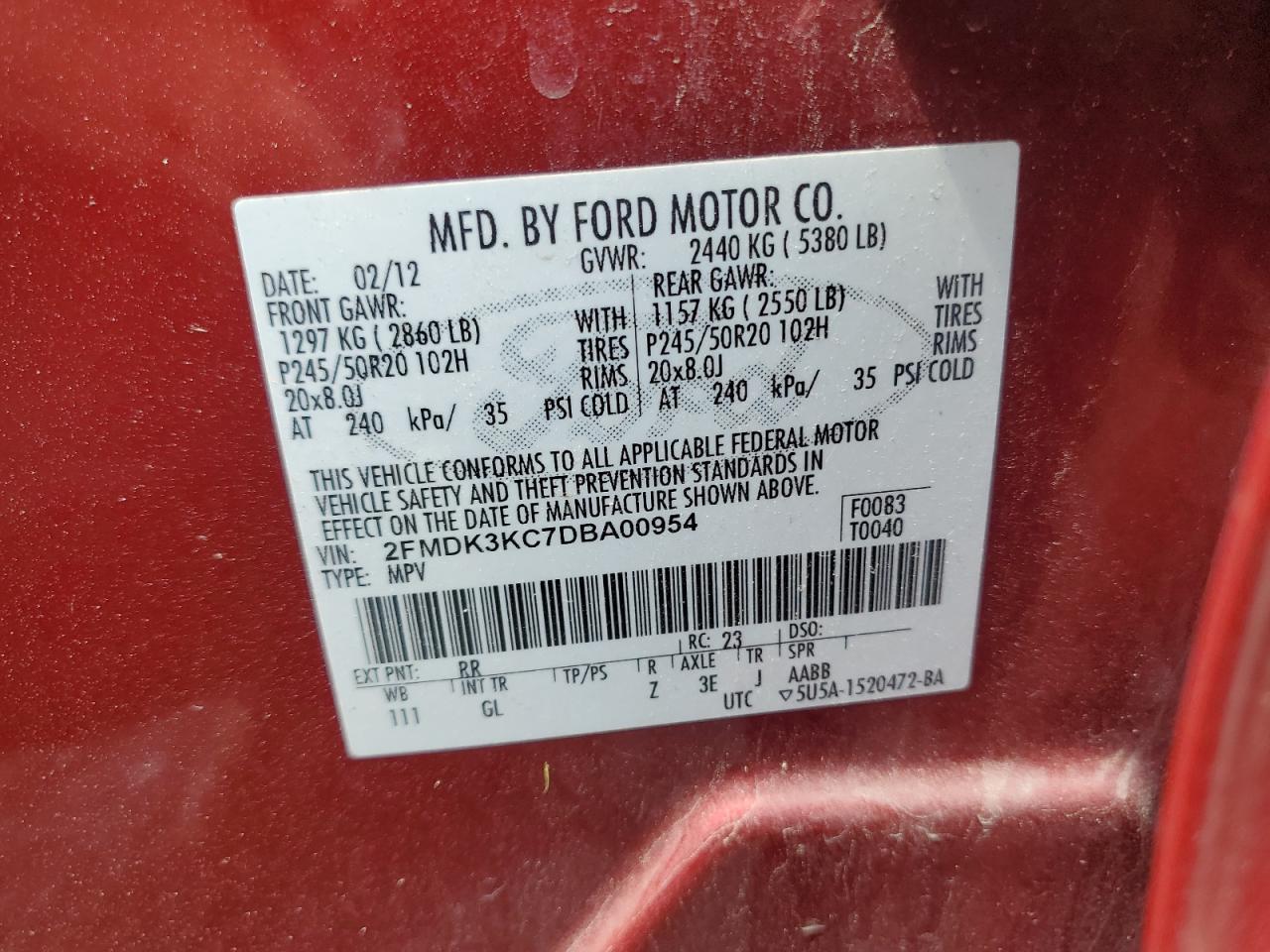 2FMDK3KC7DBA00954 2013 Ford Edge Limited