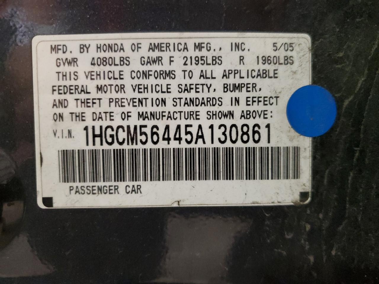 1HGCM56445A130861 2005 Honda Accord Lx