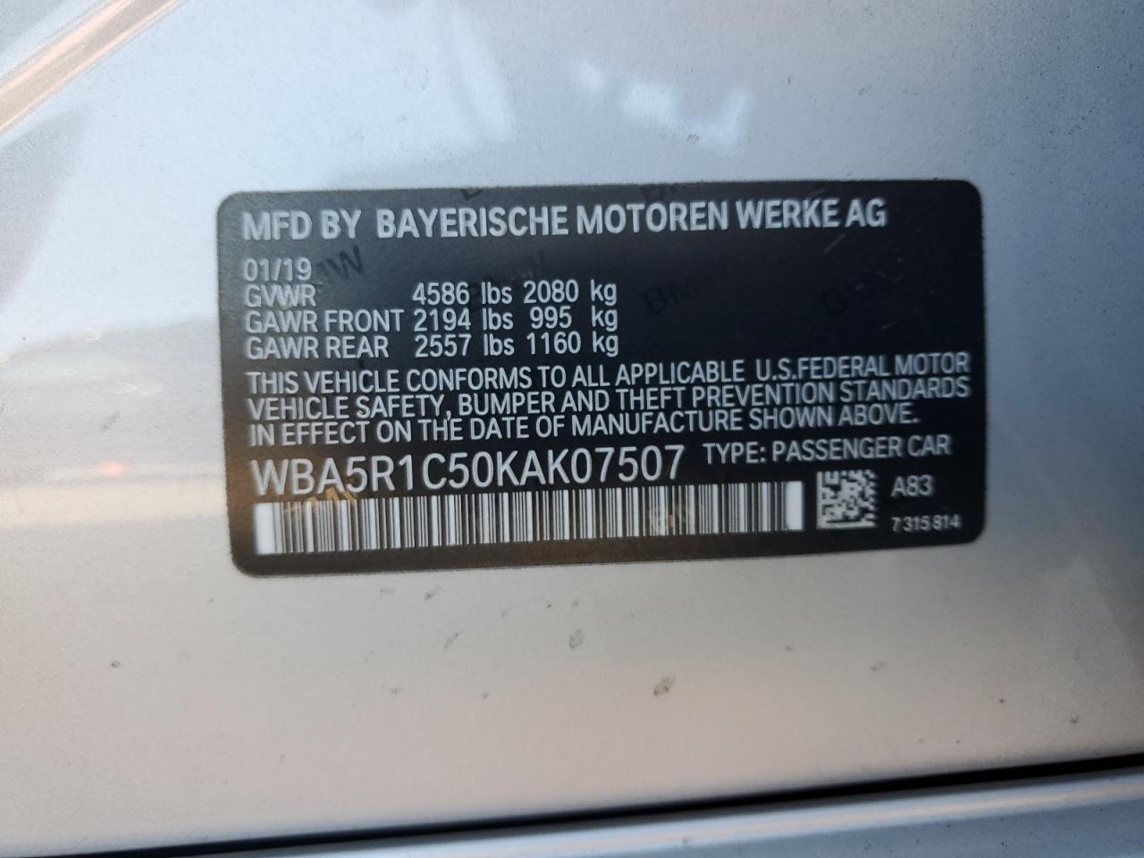 WBA5R1C50KAK07507 2019 BMW 330I