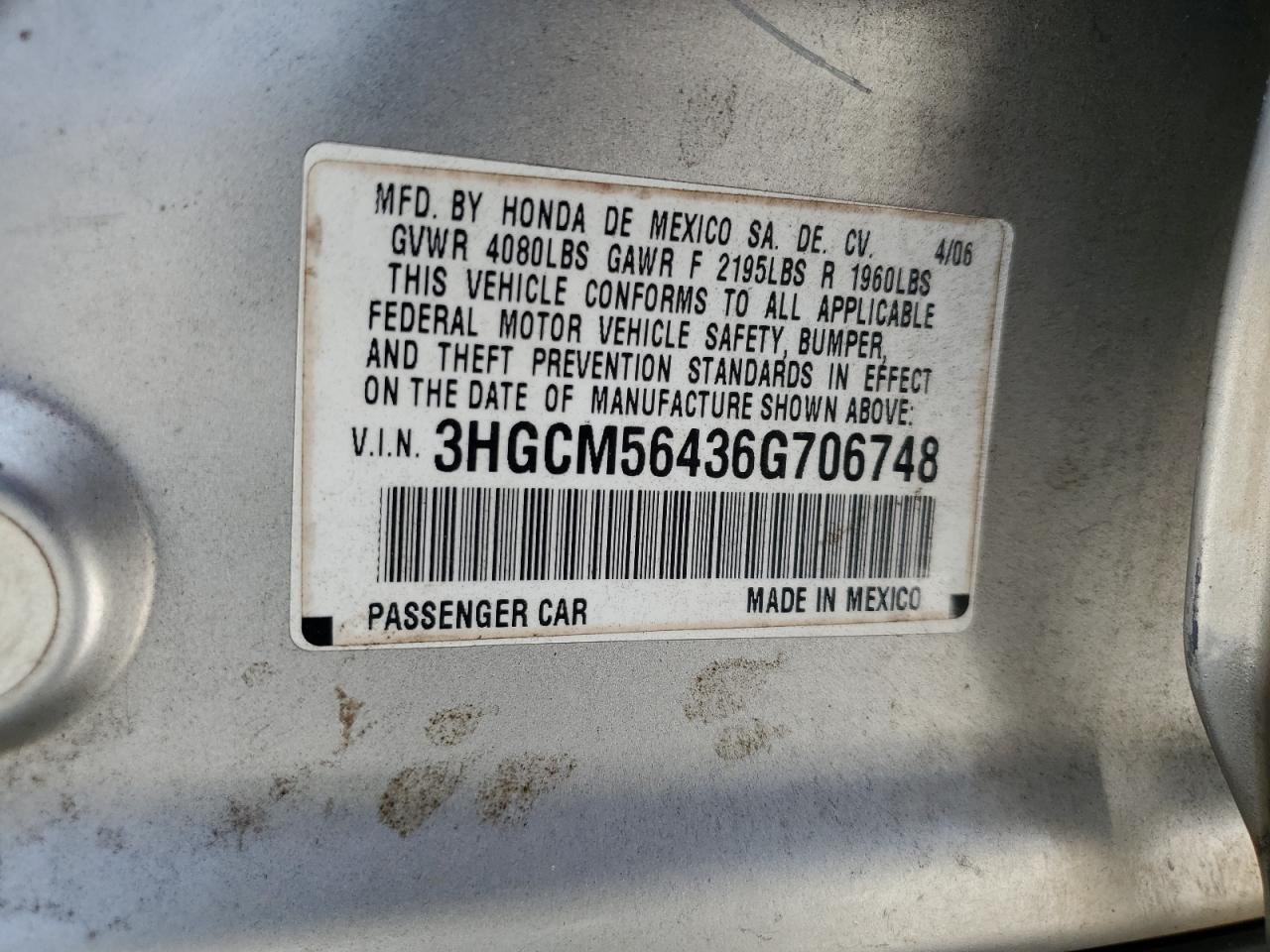 3HGCM56436G706748 2006 Honda Accord Lx