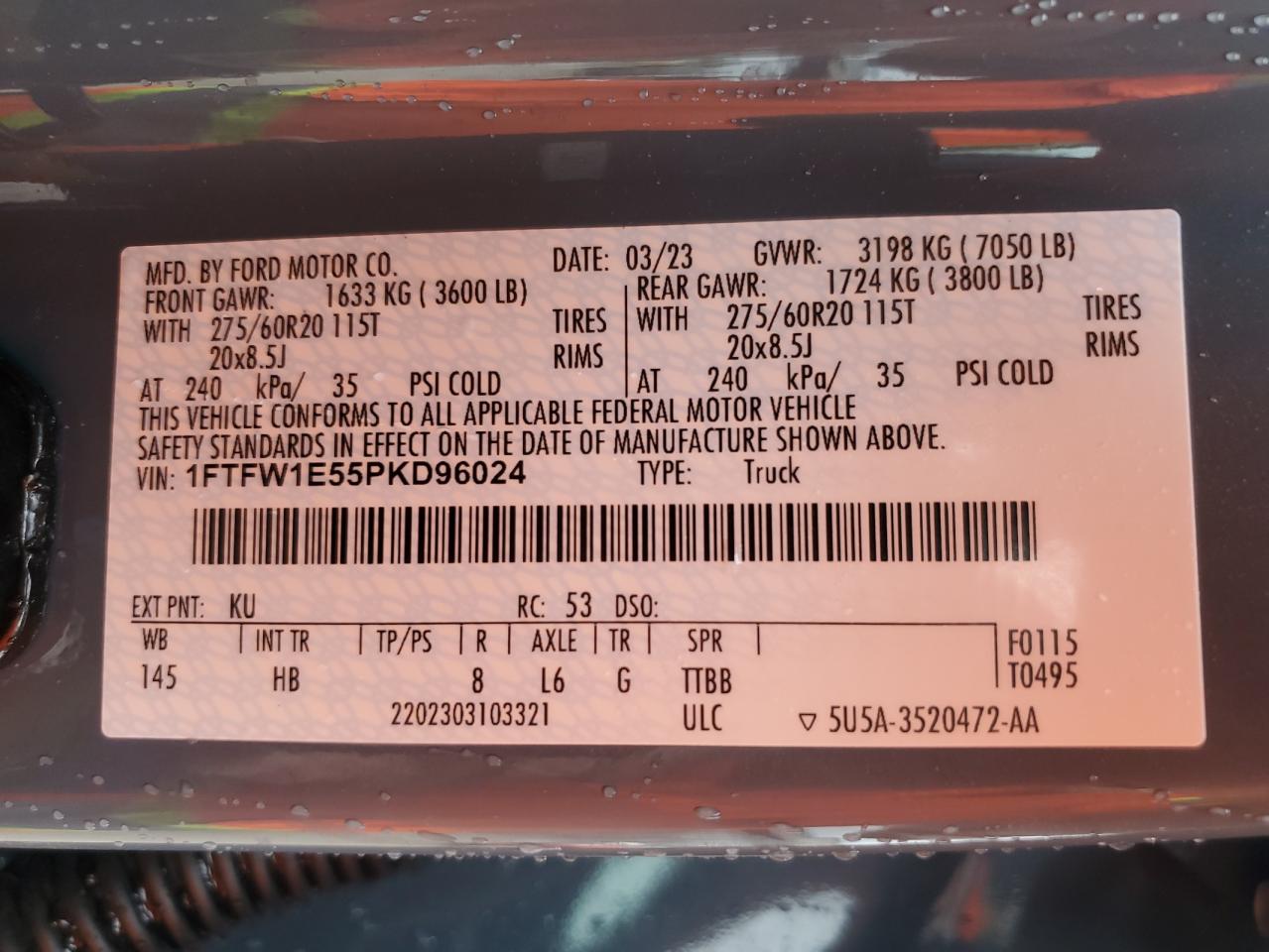 2023 Ford F150 Supercrew VIN: 1FTFW1E55PKD96024 Lot: 73636824