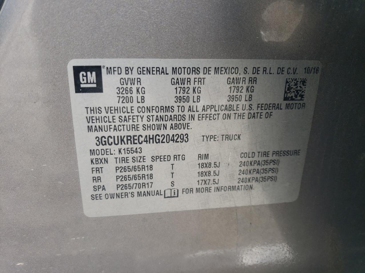 3GCUKREC4HG204293 2017 Chevrolet Silverado K1500 Lt