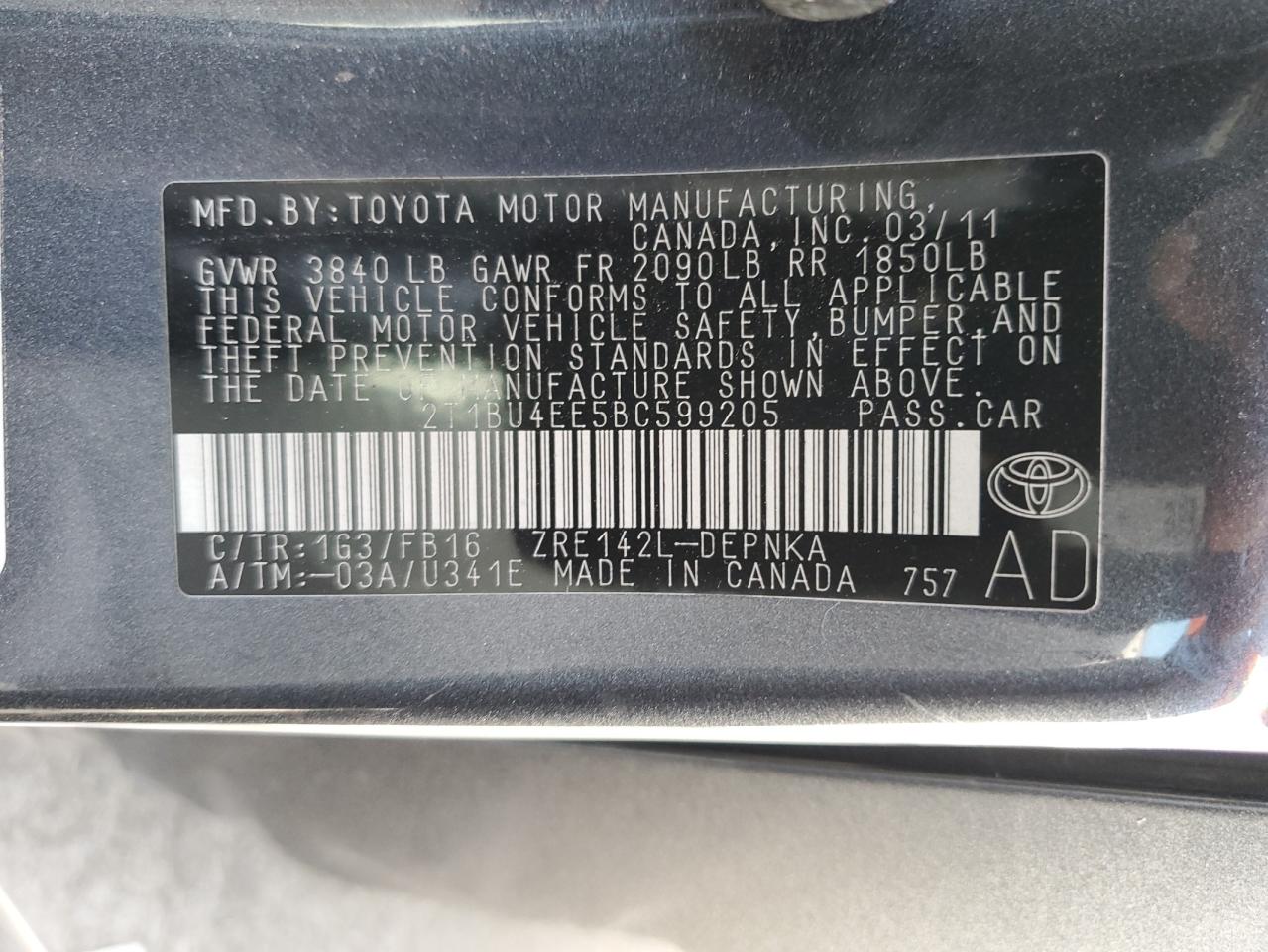 2T1BU4EE5BC599205 2011 Toyota Corolla Base