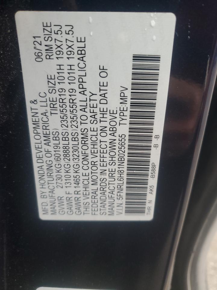 2022 Honda Odyssey Touring VIN: 5FNRL6H81NB025655 Lot: 70374274