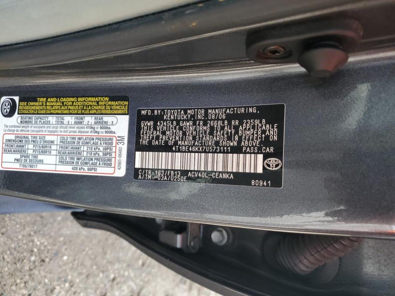 4T1BE46KX7U573111 2007 Toyota Camry Ce