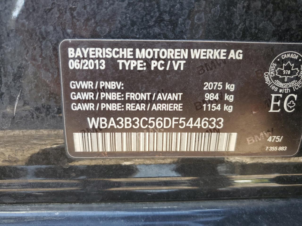 2013 BMW 328 Xi VIN: WBA3B3C56DF544633 Lot: 68892464