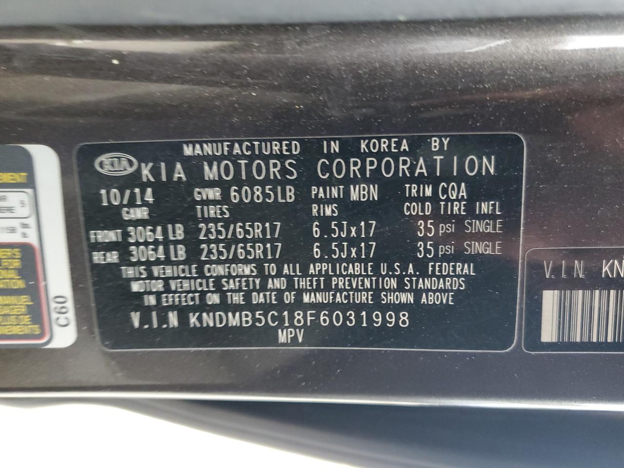 2015 Kia Sedona Lx VIN: KNDMB5C18F6031998 Lot: 71416884