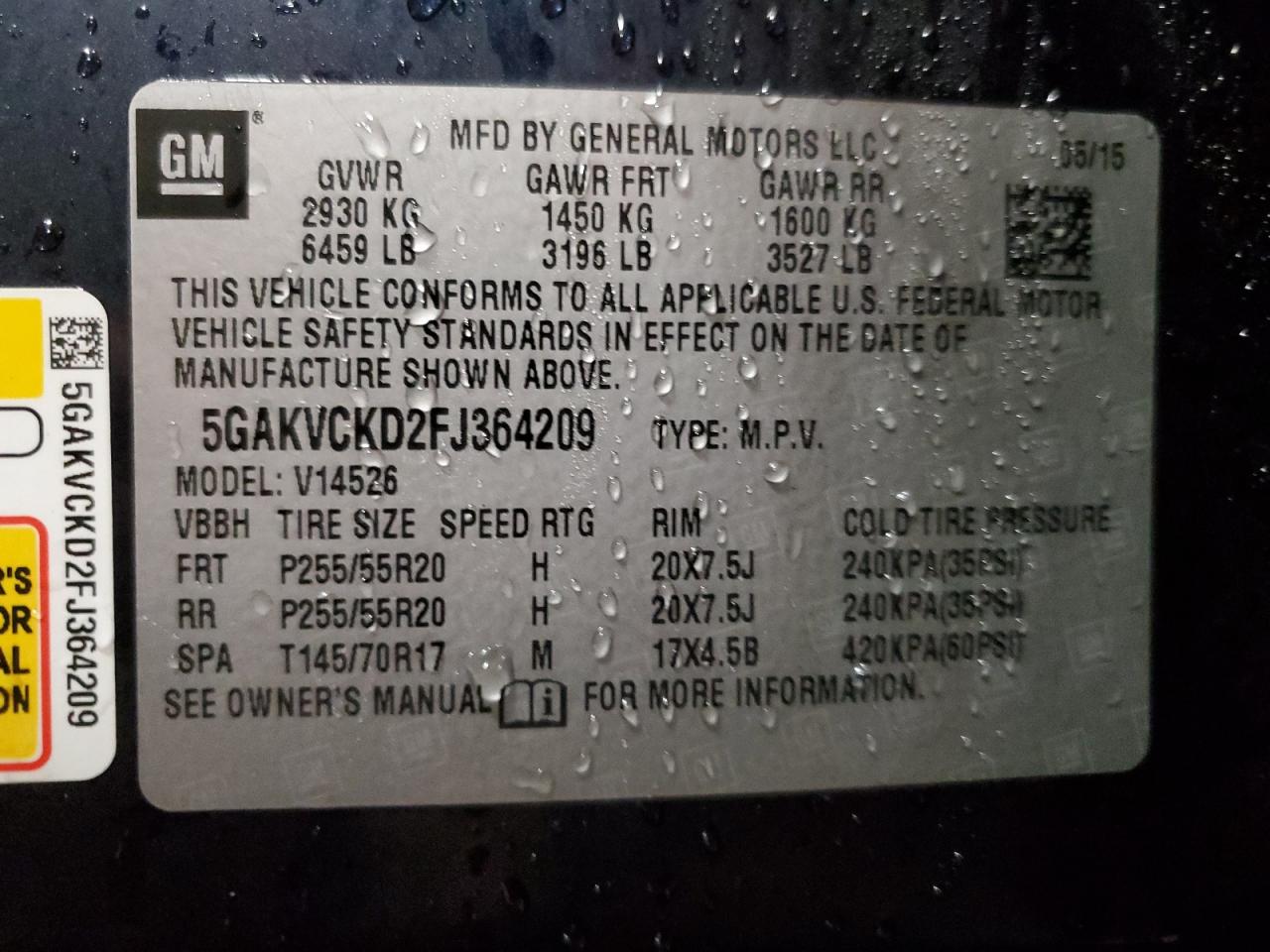 5GAKVCKD2FJ364209 2015 Buick Enclave