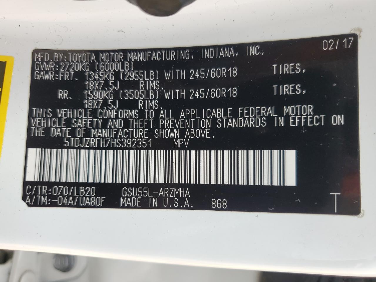 2017 Toyota Highlander Se VIN: 5TDJZRFH7HS392351 Lot: 72583014