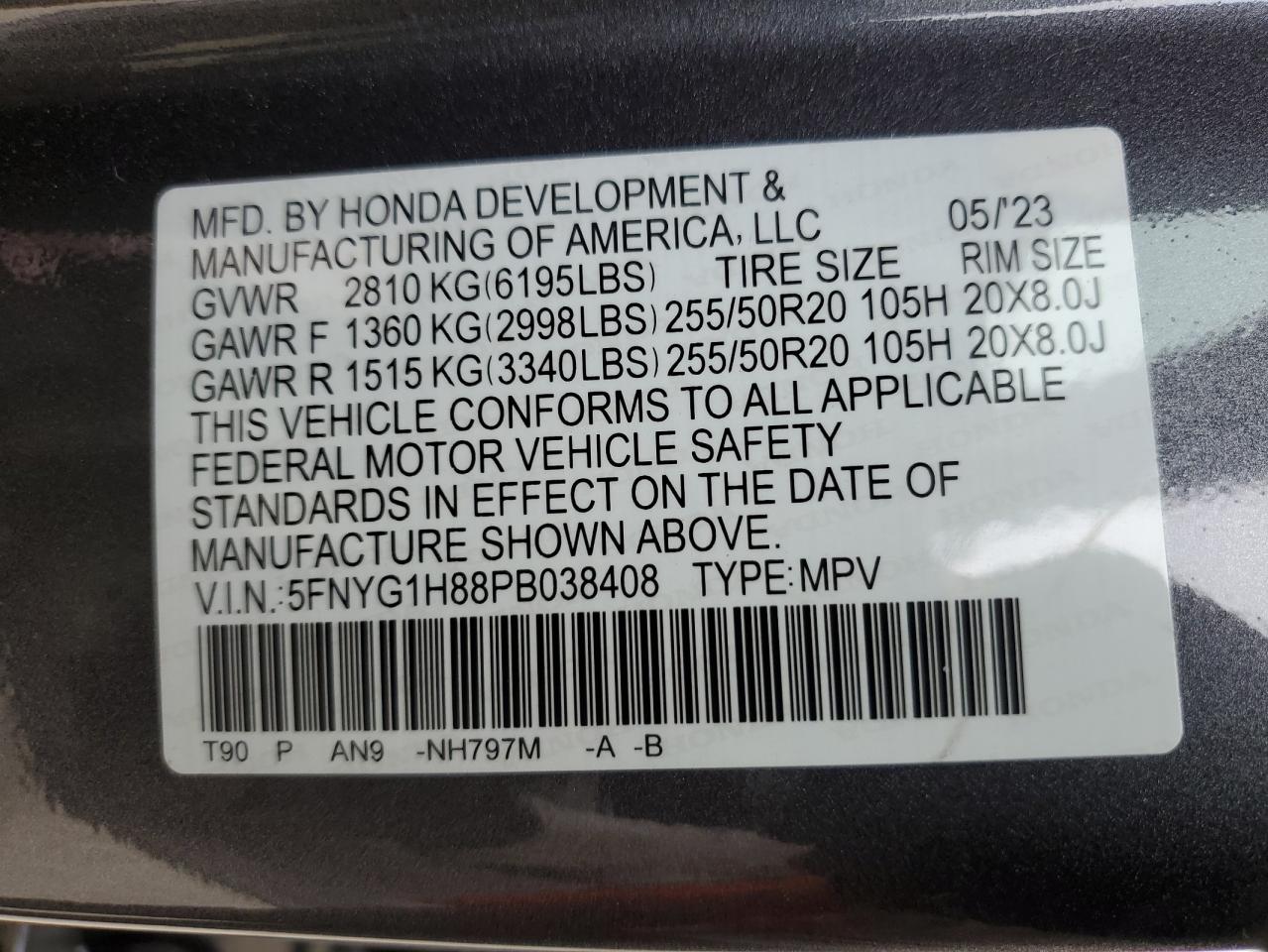 5FNYG1H88PB038408 2023 Honda Pilot Elite