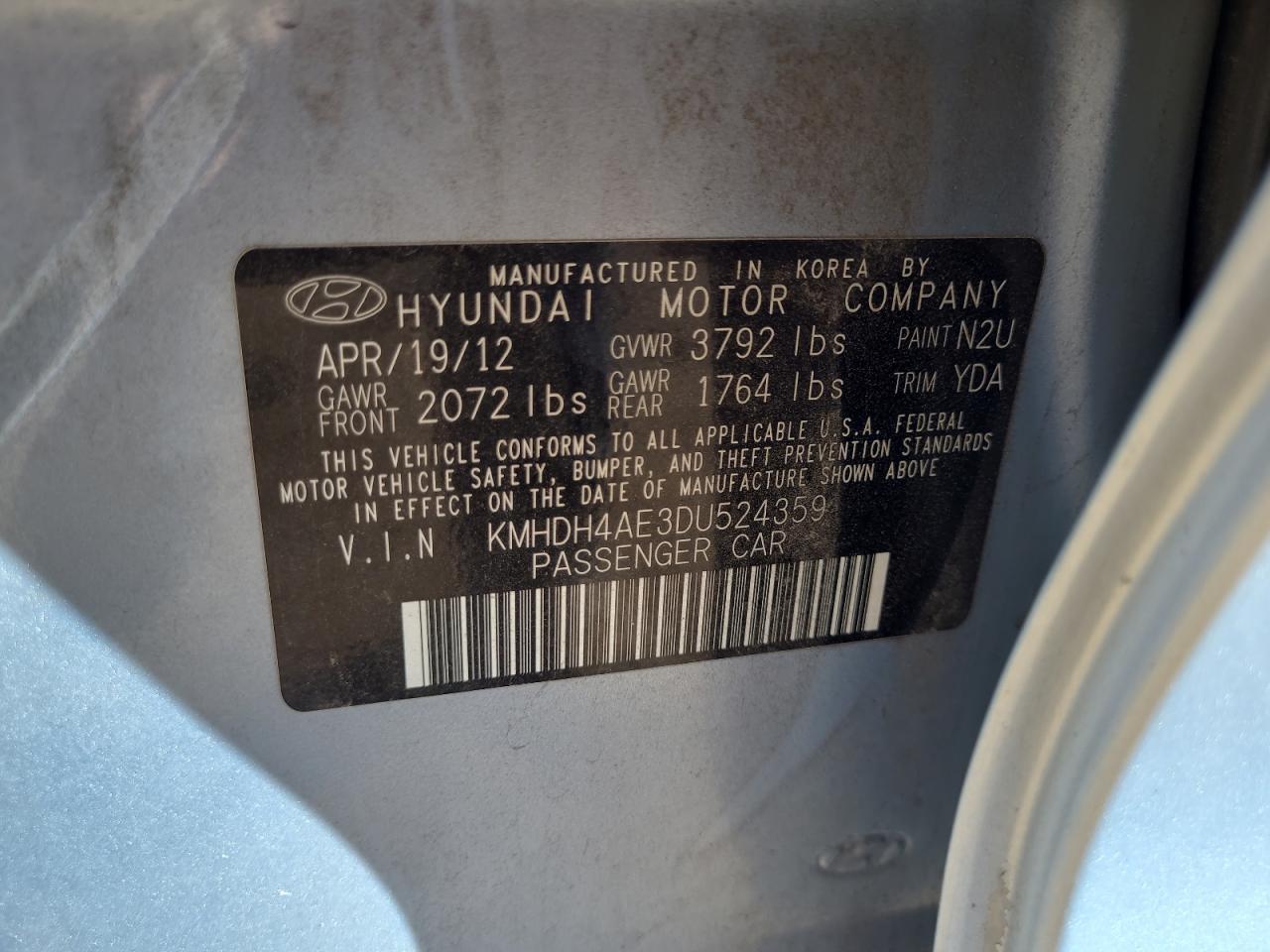 KMHDH4AE3DU524359 2013 Hyundai Elantra Gls