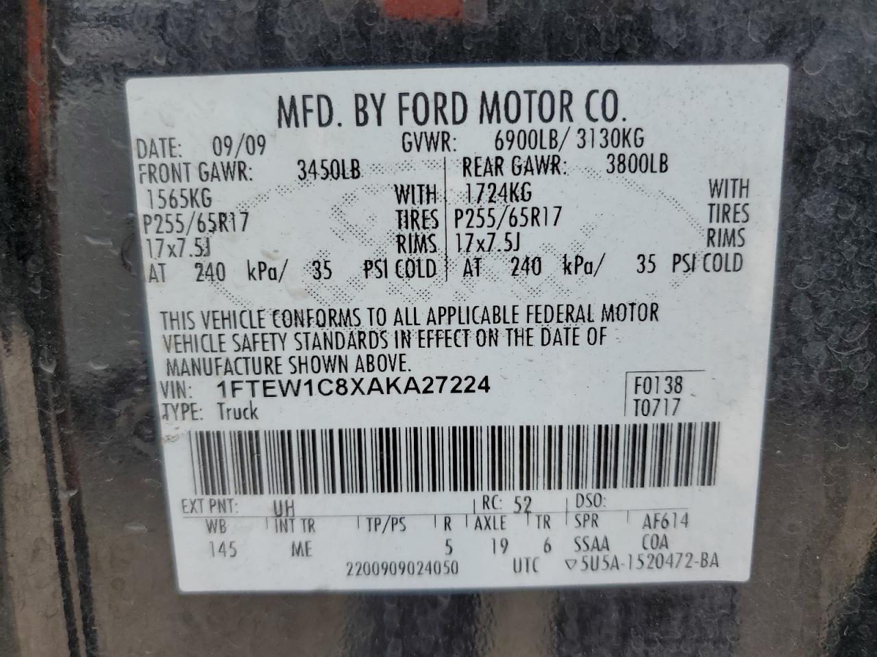 2010 Ford F150 Supercrew VIN: 1FTEW1C8XAKA27224 Lot: 72252854