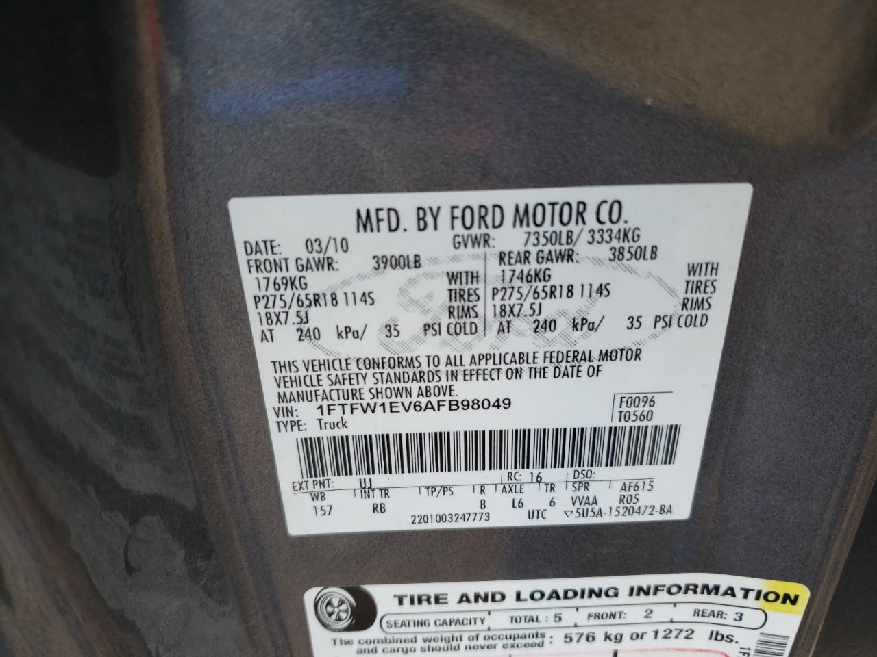 1FTFW1EV6AFB98049 2010 Ford F150 Supercrew