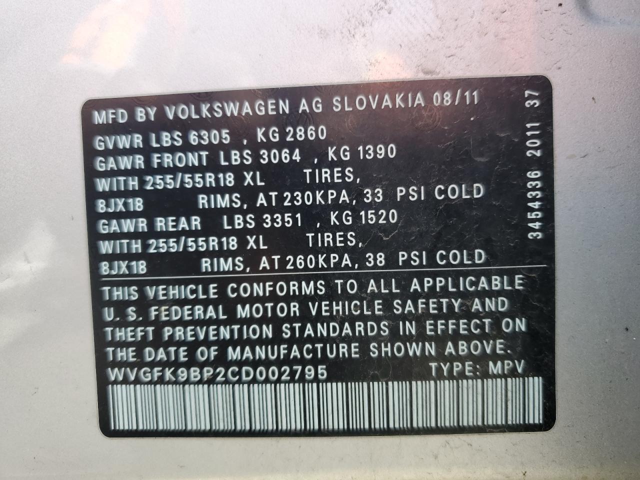 WVGFK9BP2CD002795 2012 Volkswagen Touareg V6 Tdi