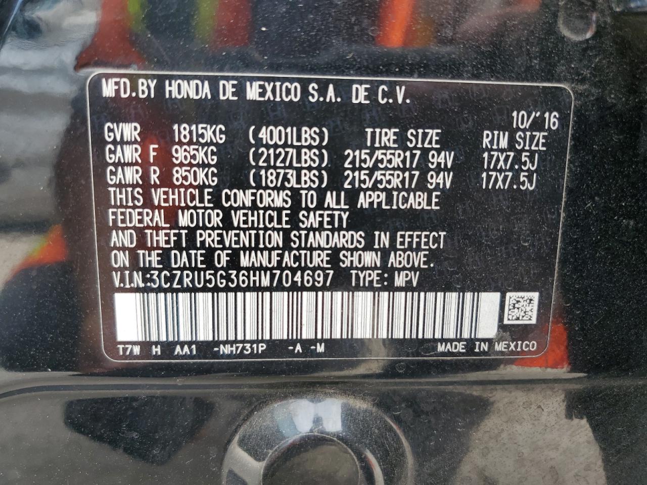 3CZRU5G36HM704697 2017 Honda Hr-V Lx