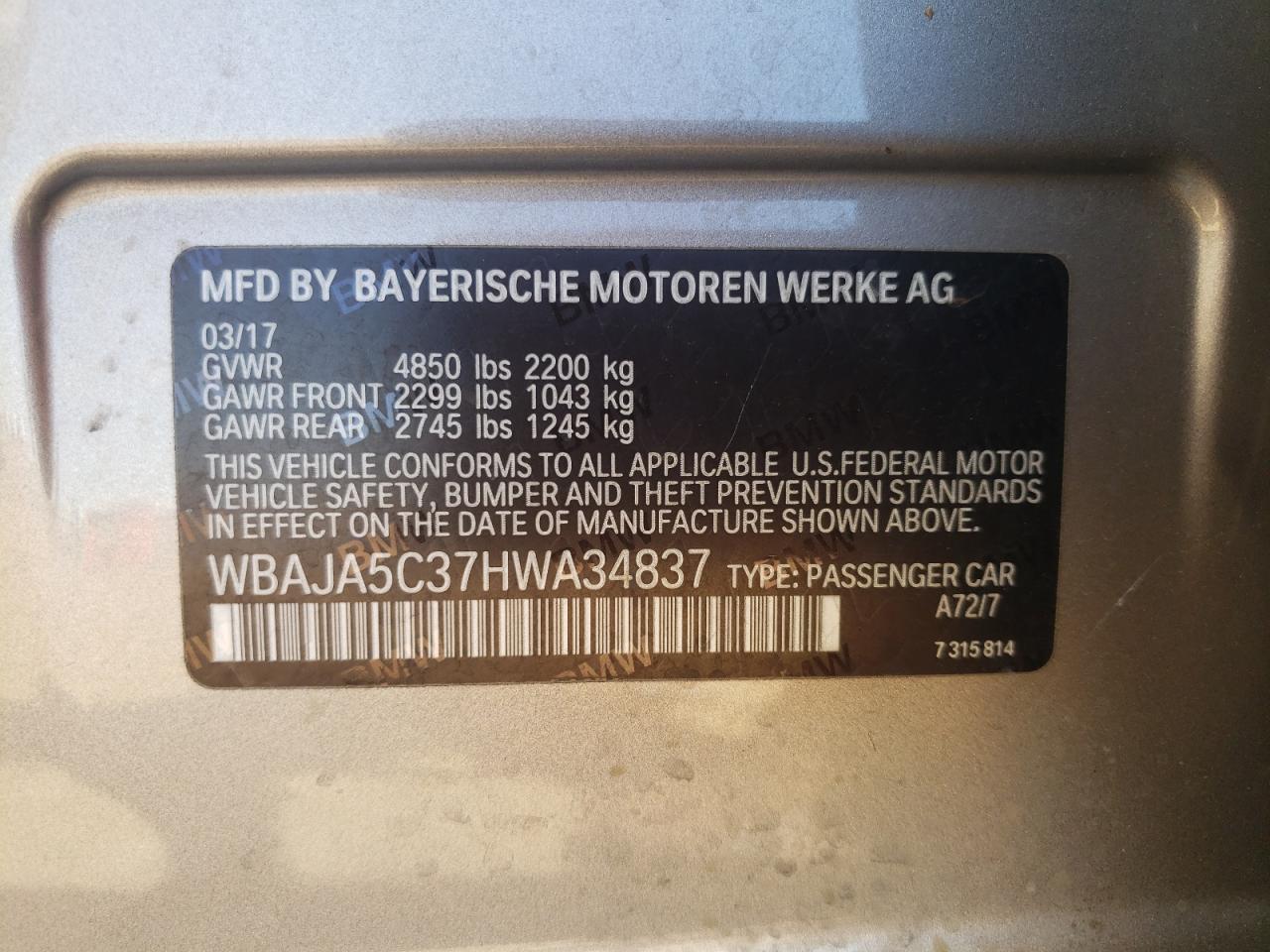 WBAJA5C37HWA34837 2017 BMW 5 SERIES - Image 12