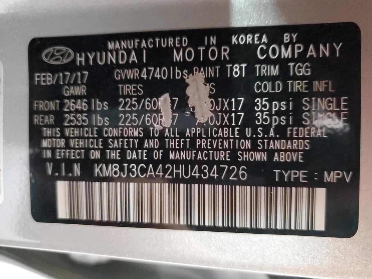 KM8J3CA42HU434726 2017 Hyundai Tucson Limited