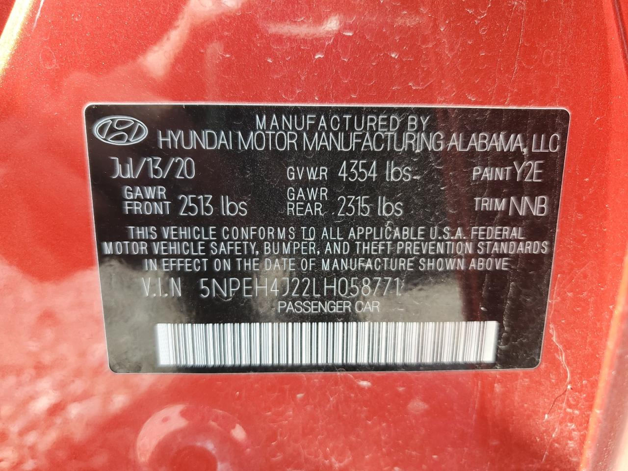 5NPEH4J22LH058771 2020 Hyundai Sonata Limited