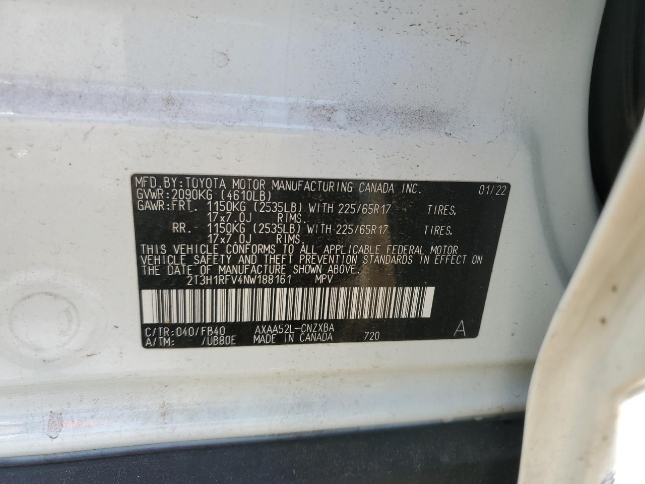 2T3H1RFV4NW188161 2022 Toyota Rav4 Le