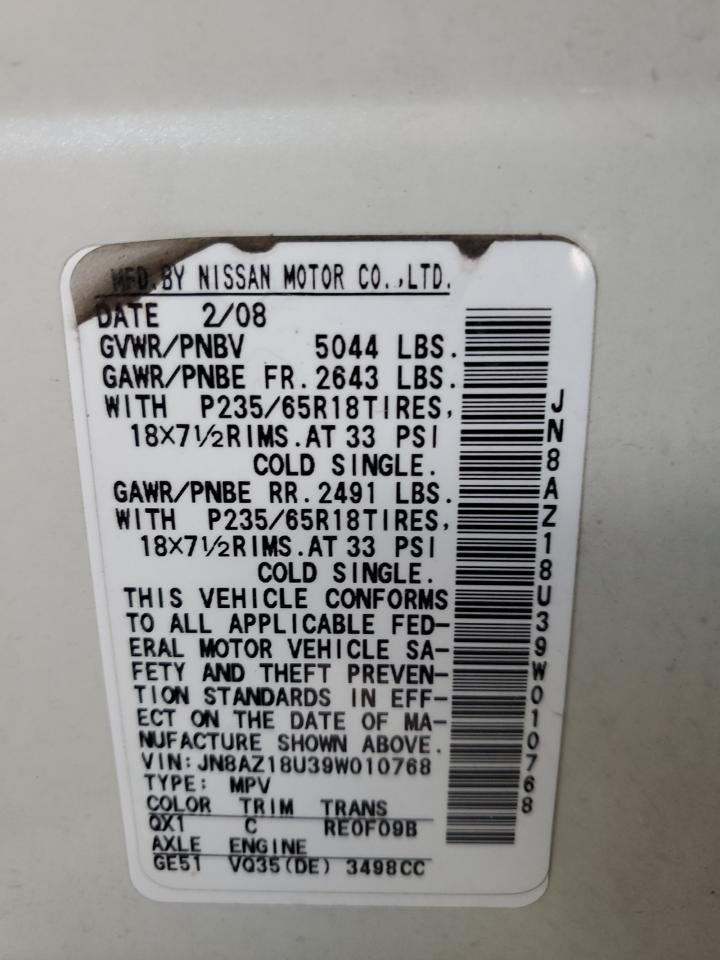 2009 Nissan Murano S VIN: JN8AZ18U39W010768 Lot: 72385424