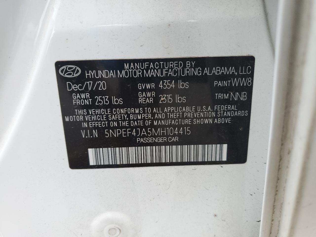 5NPEF4JA5MH104415 2021 Hyundai Sonata Sel