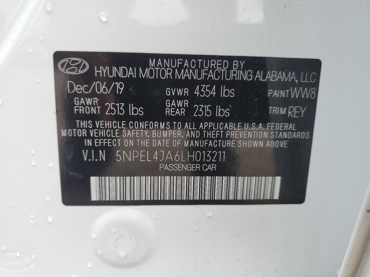 5NPEL4JA6LH013211 2020 Hyundai Sonata Sel