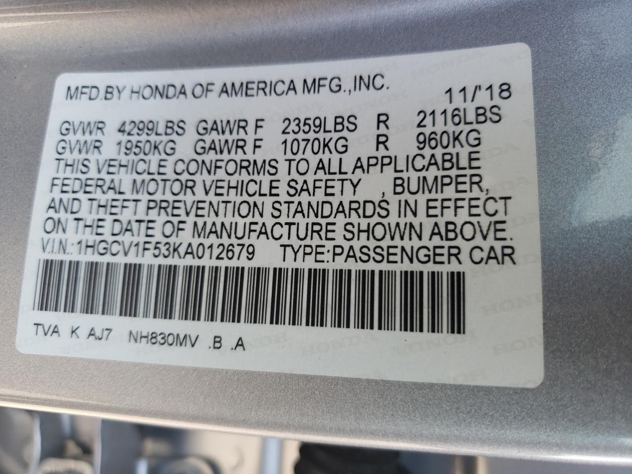 1HGCV1F53KA012679 2019 Honda Accord Exl