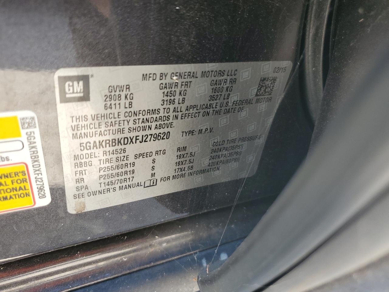 5GAKRBKDXFJ279620 2015 Buick Enclave