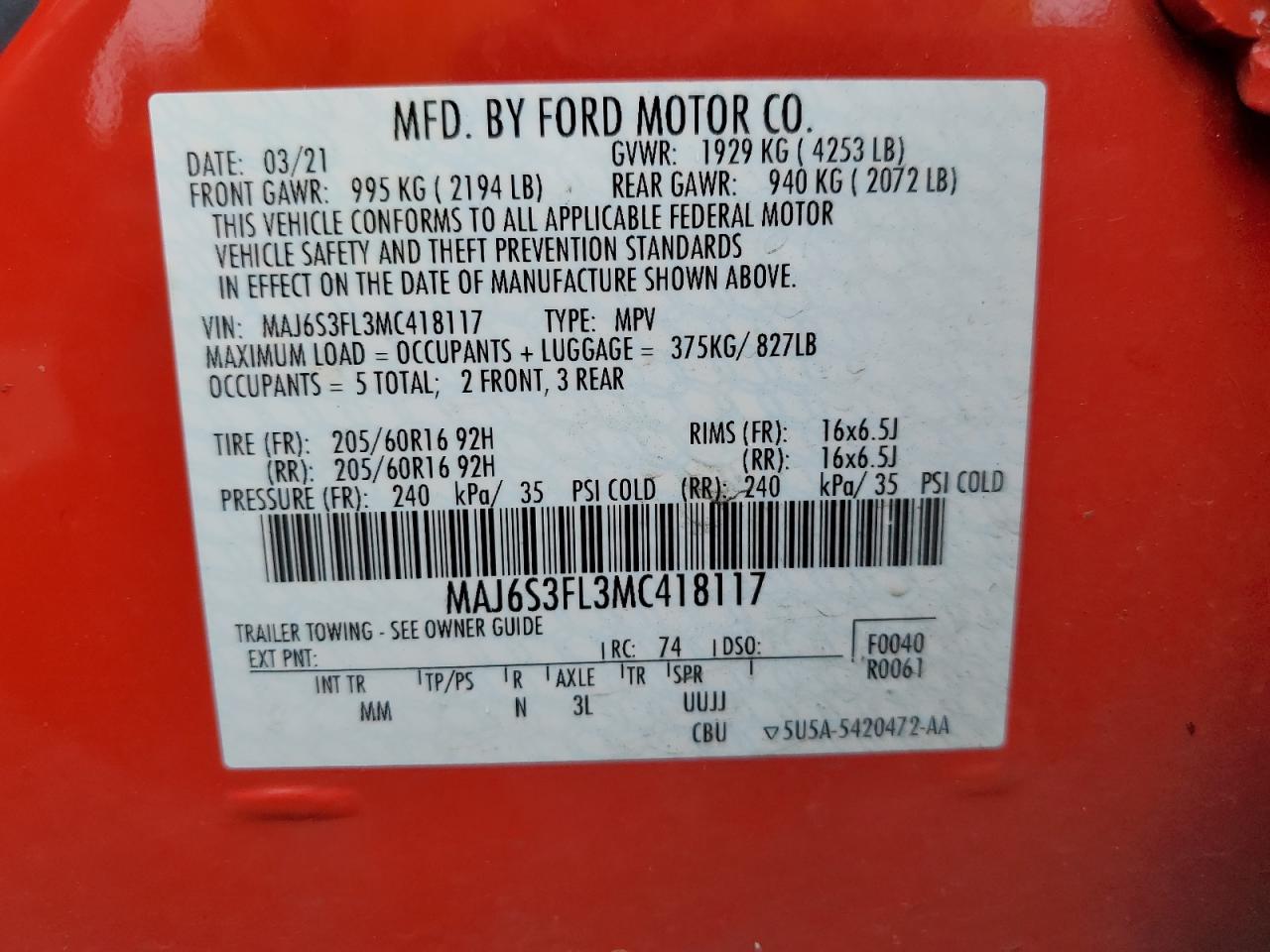 MAJ6S3FL3MC418117 2021 Ford Ecosport S