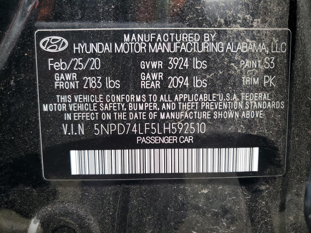 5NPD74LF5LH592510 2020 Hyundai Elantra Se