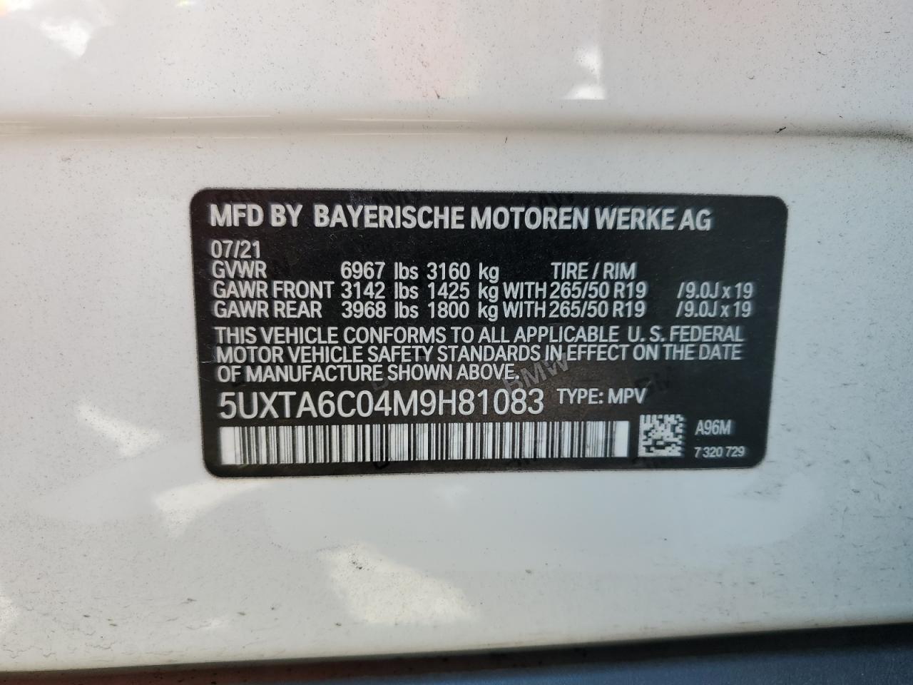 2021 BMW X5 xDrive45E VIN: 5UXTA6C04M9H81083 Lot: 69994074