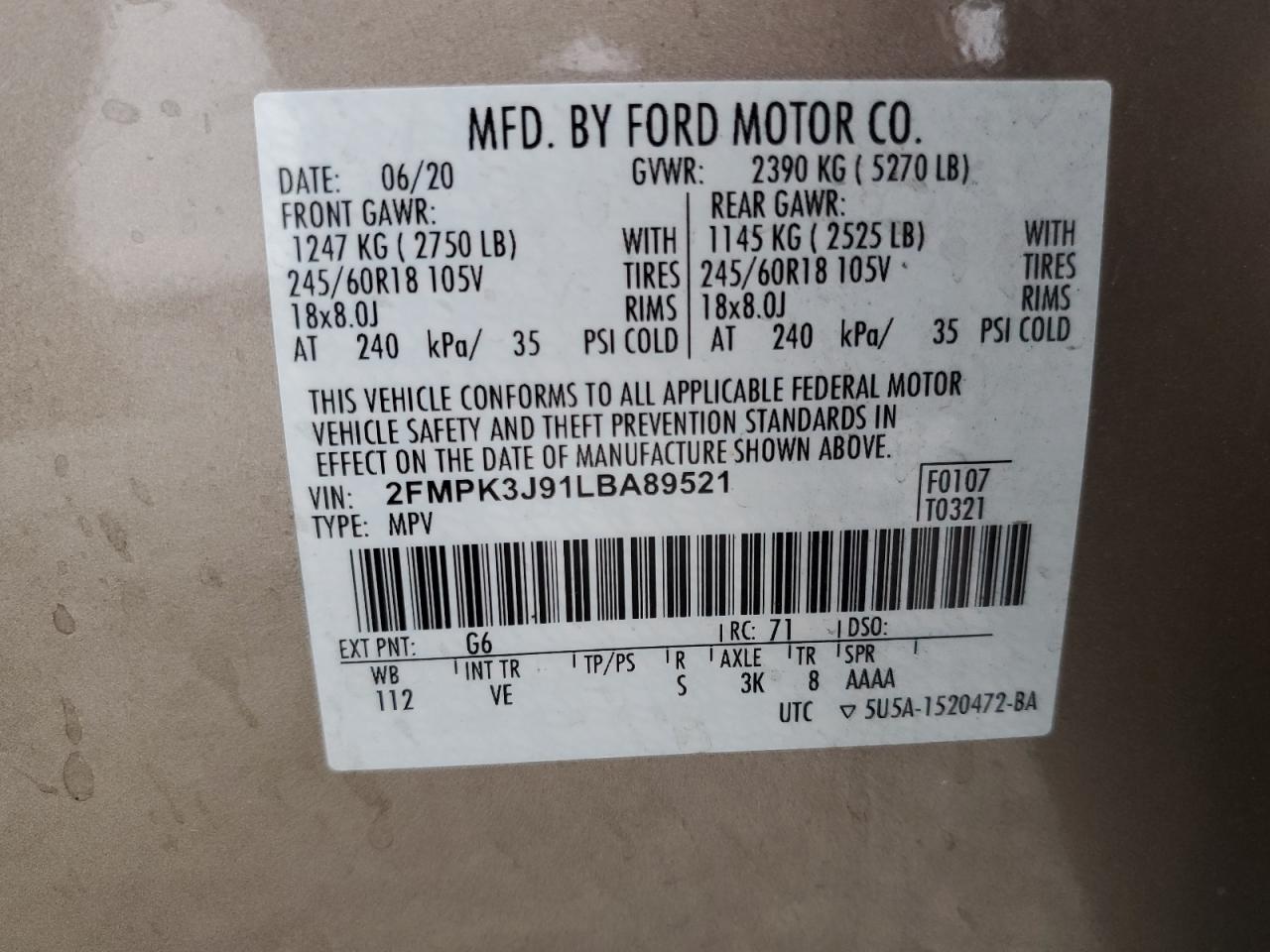 2020 Ford Edge Sel VIN: 2FMPK3J91LBA89521 Lot: 72123084