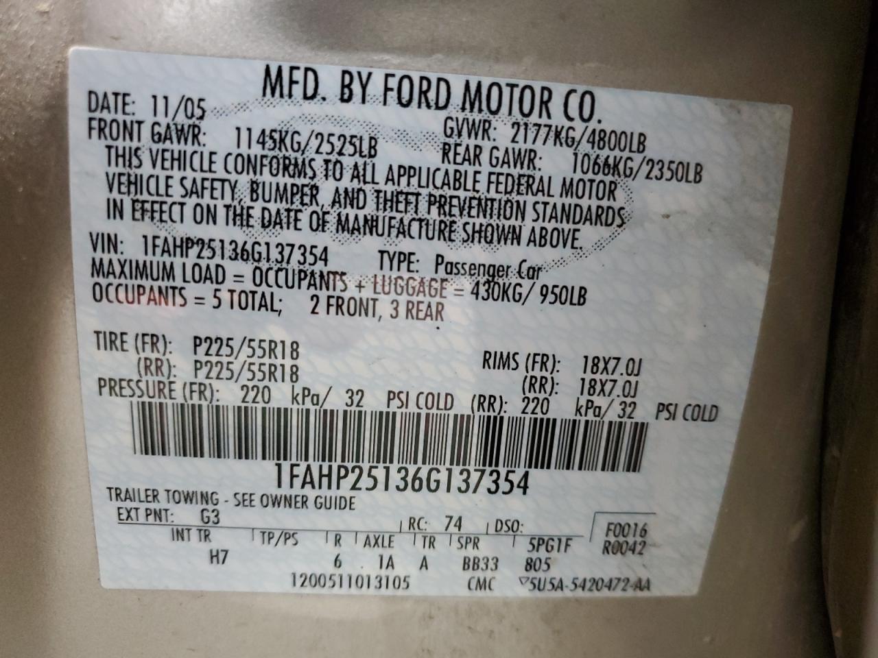 1FAHP25136G137354 2006 Ford Five Hundred Limited