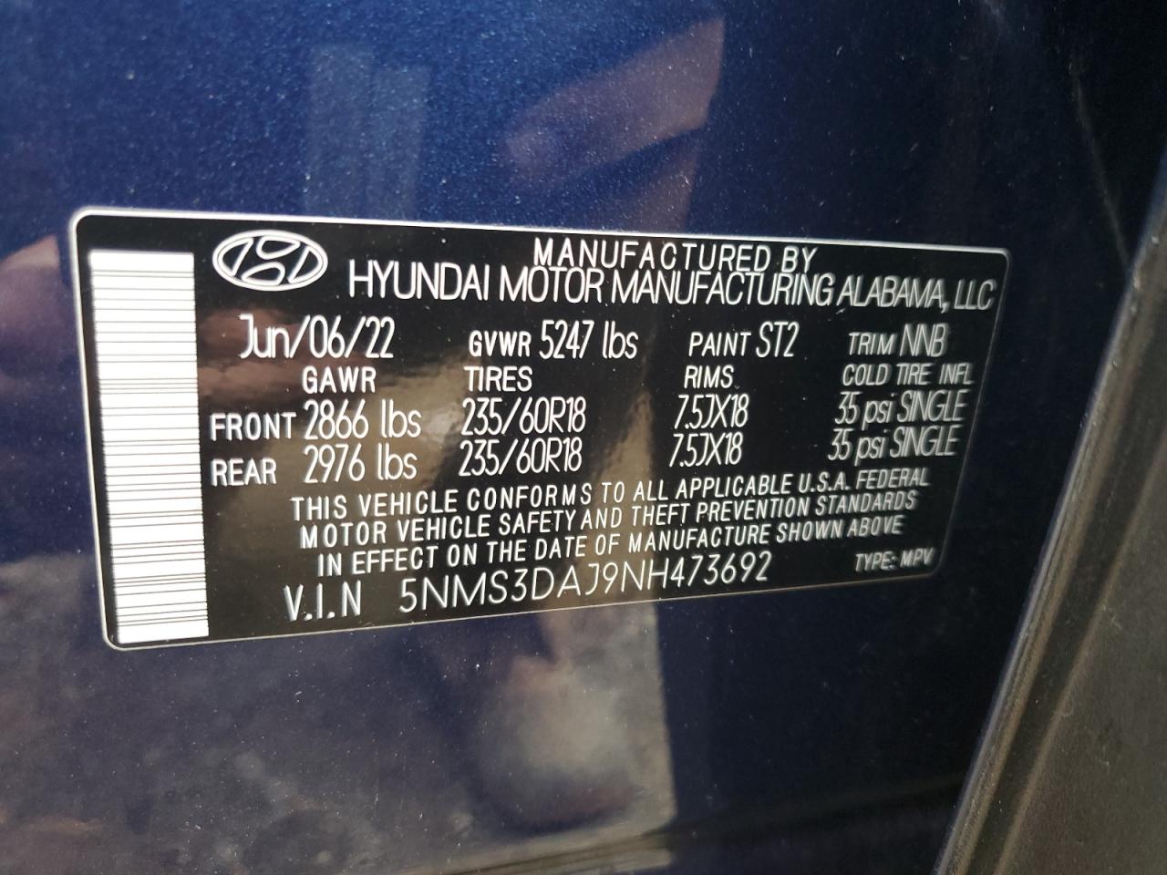 2022 Hyundai Santa Fe Sel VIN: 5NMS3DAJ9NH473692 Lot: 71277174