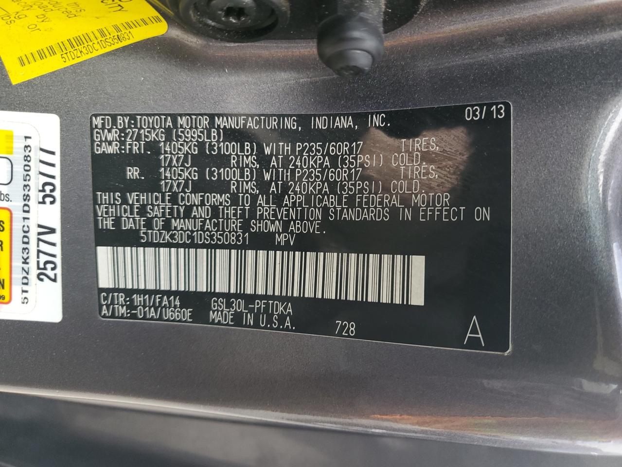 5TDZK3DC1DS350831 2013 Toyota Sienna