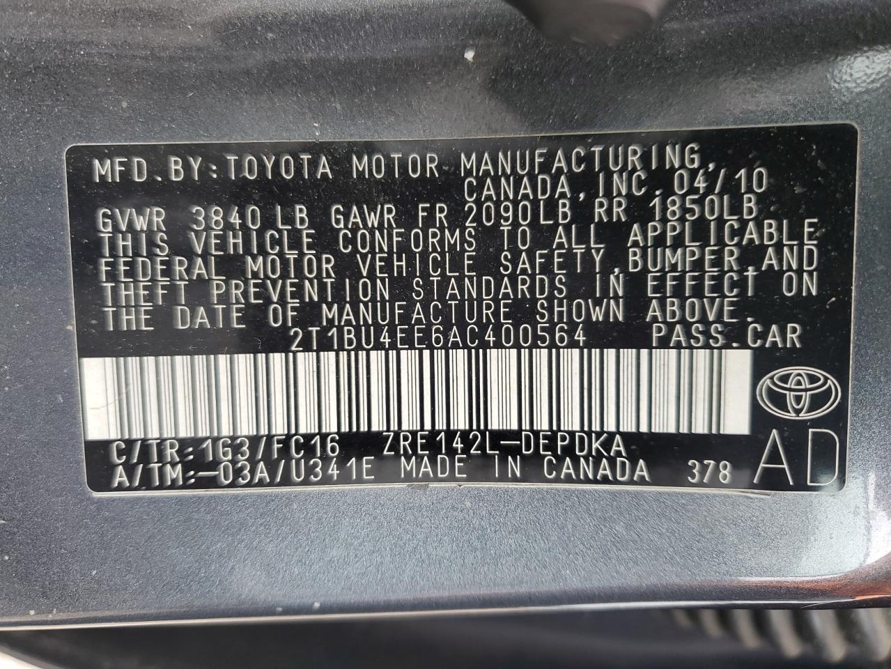 2T1BU4EE6AC400564 2010 Toyota Corolla Base