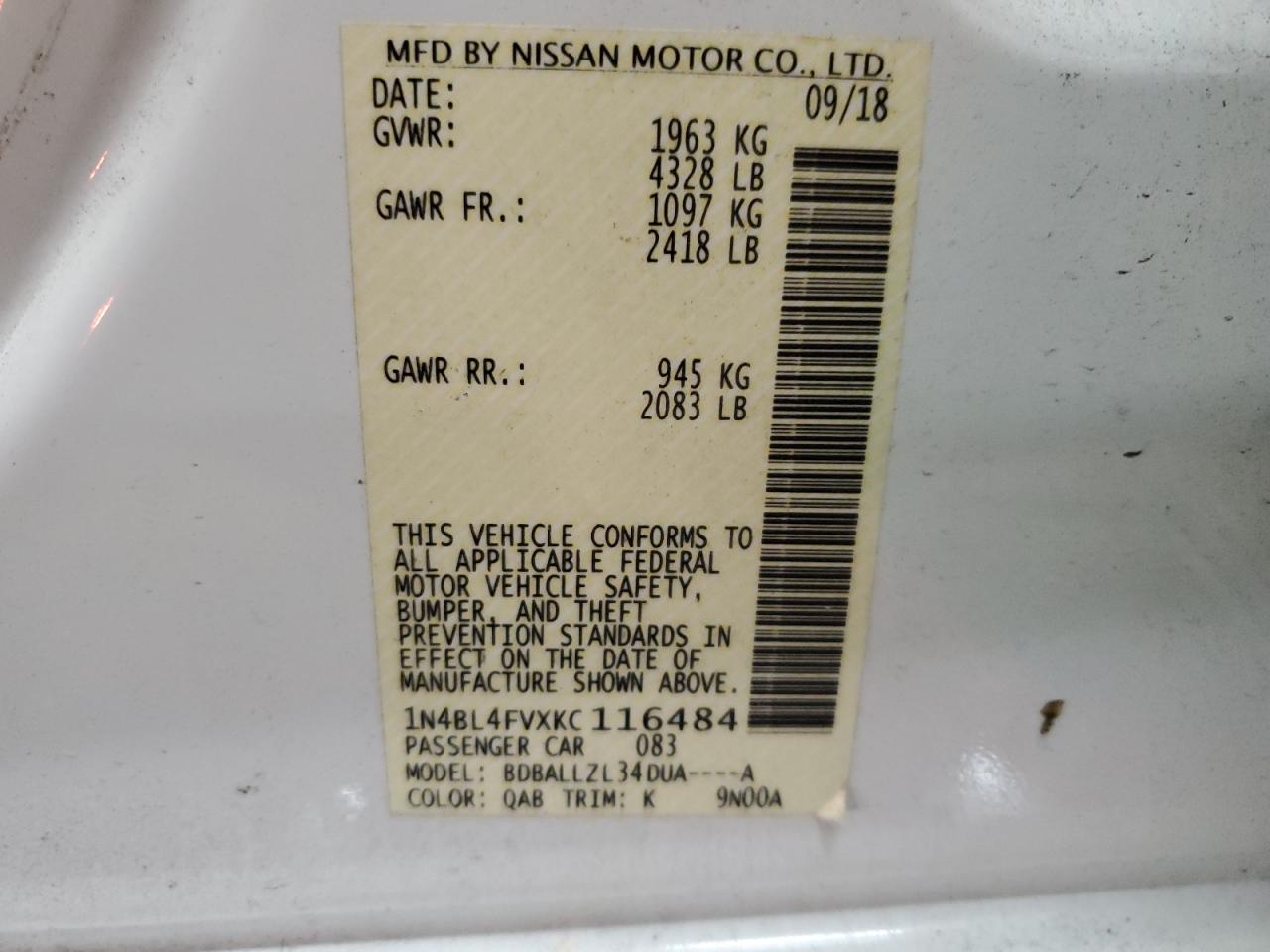 1N4BL4FVXKC116484 2019 Nissan Altima Platinum