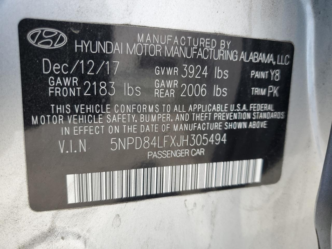 5NPD84LFXJH305494 2018 Hyundai Elantra Sel