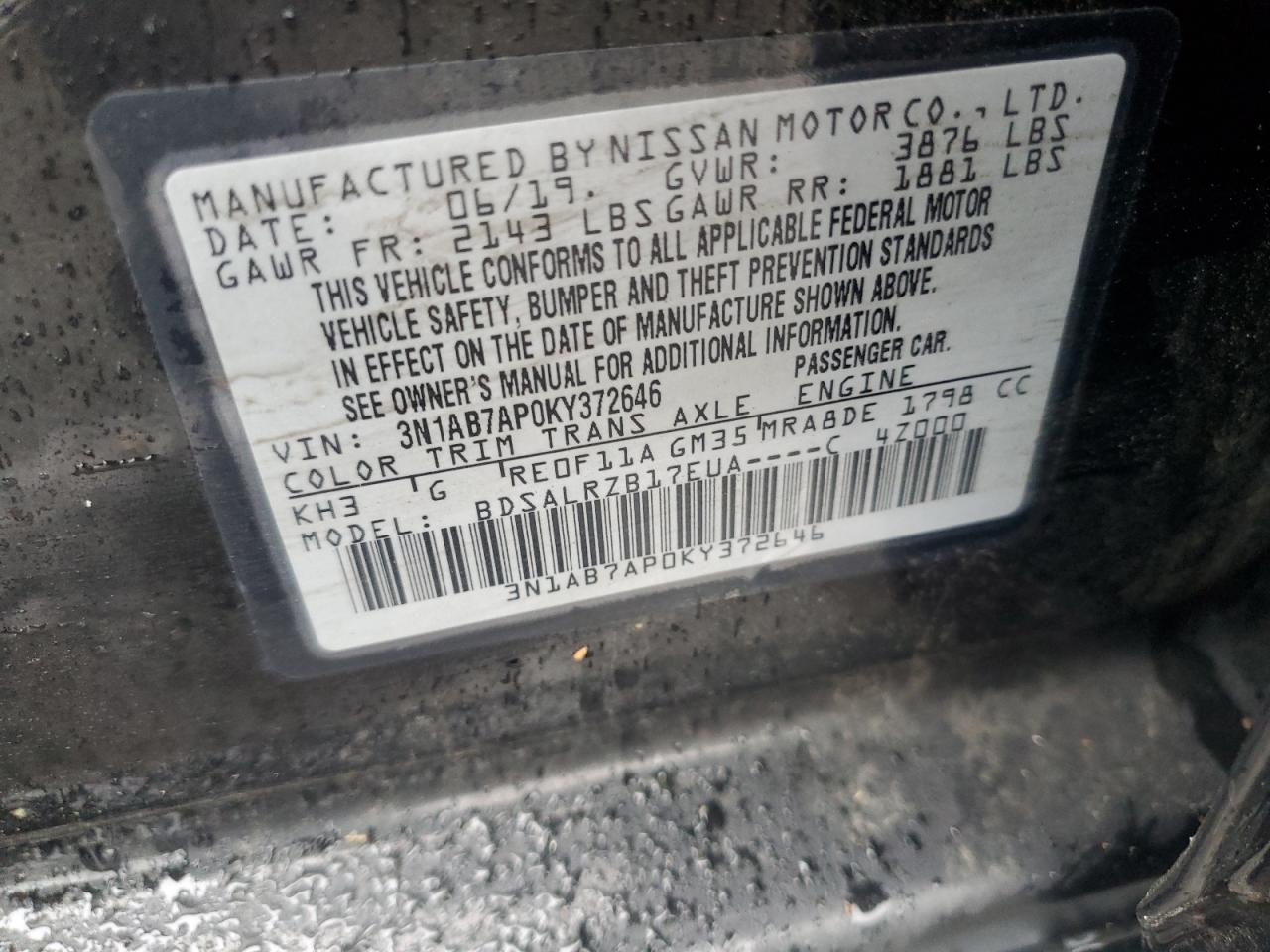 3N1AB7AP0KY372646 2019 Nissan Sentra S