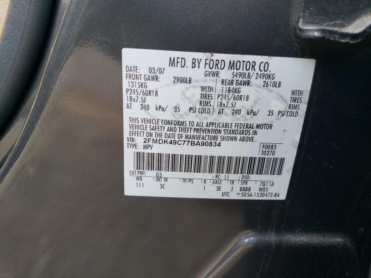 2FMDK49C77BA90834 2007 Ford Edge Sel Plus