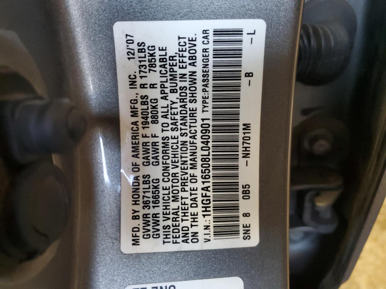 1HGFA16508L040901 2008 Honda Civic Lx