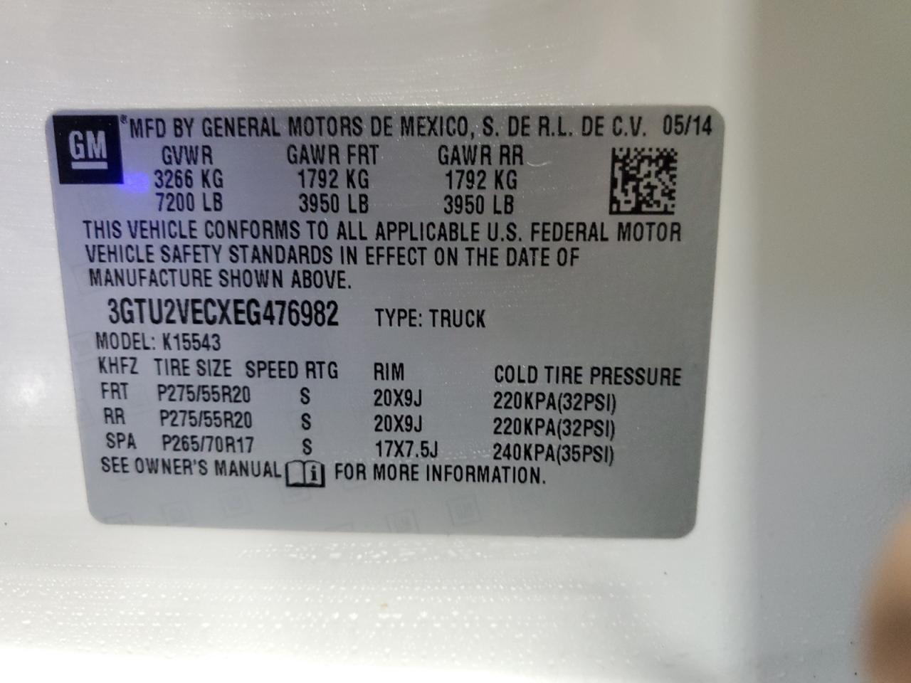 3GTU2VECXEG476982 2014 GMC Sierra K1500 Slt