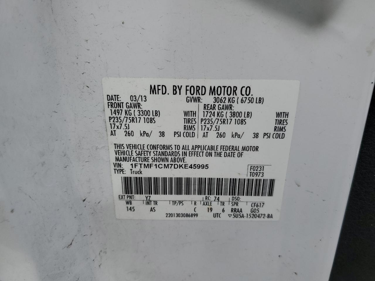 2013 Ford F150 VIN: 1FTMF1CM7DKE45995 Lot: 70836494