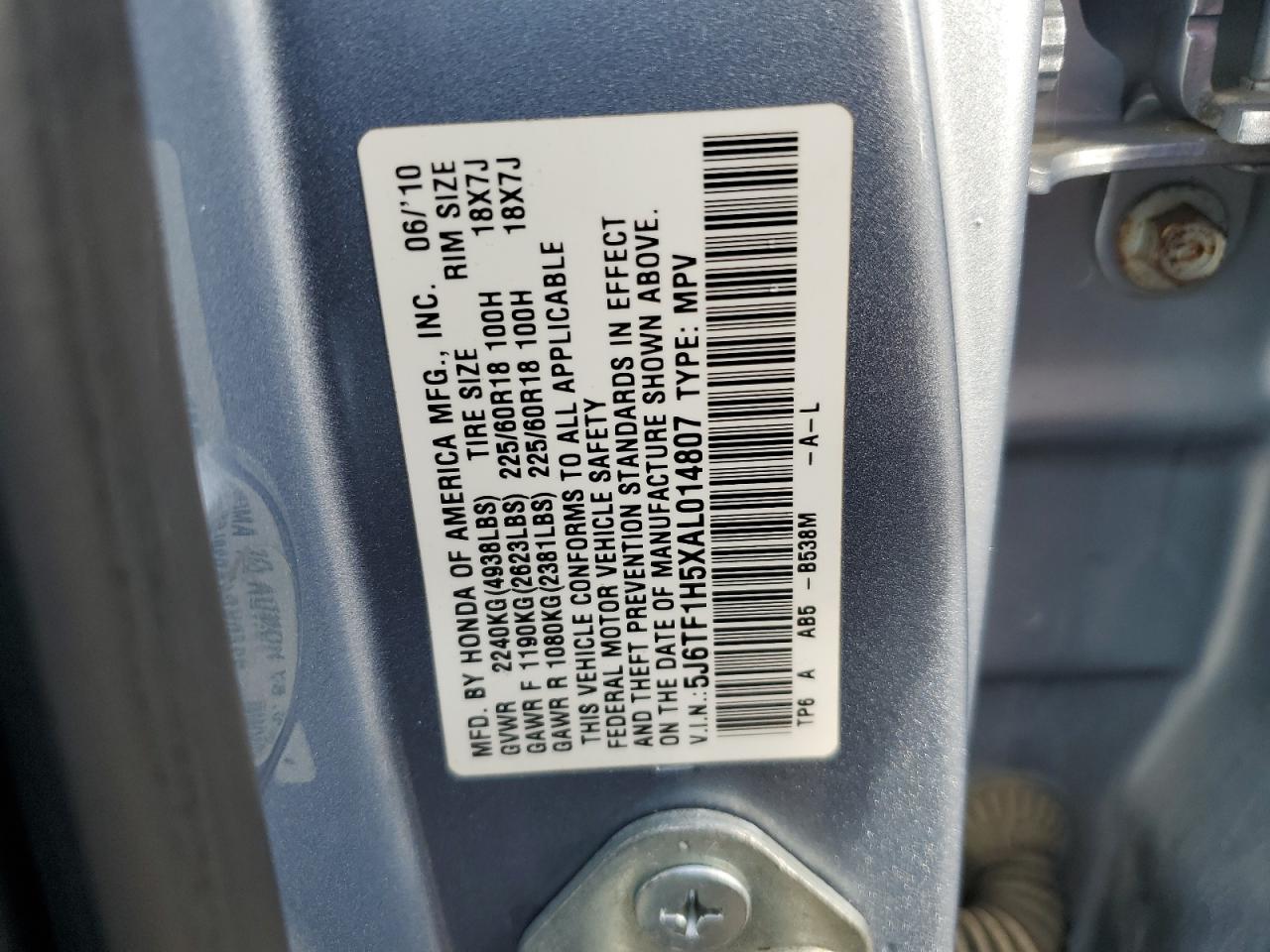 2010 Honda Accord Crosstour Exl VIN: 5J6TF1H5XAL014807 Lot: 71263874