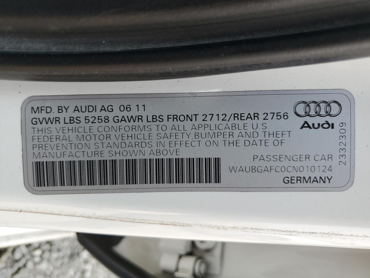 2012 Audi A6 VIN: WAUBGAFC0CN010124 Lot: 70727184