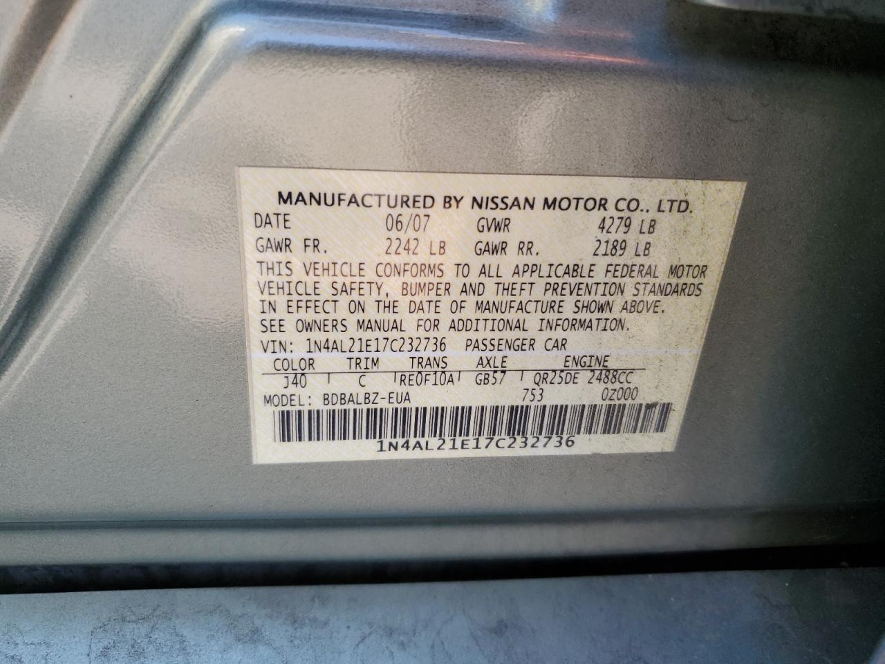 1N4AL21E17C232736 2007 Nissan Altima 2.5