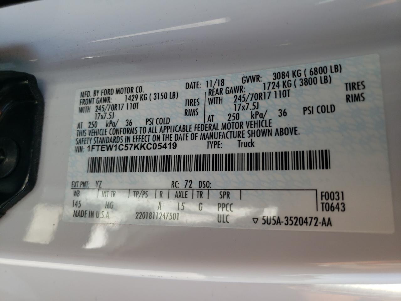 1FTEW1C57KKC05419 2019 Ford F150 Supercrew