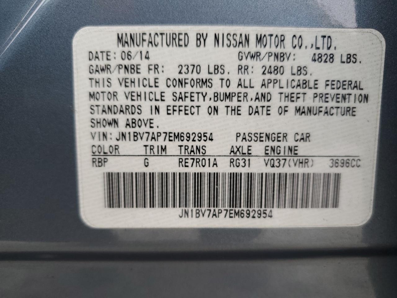 JN1BV7AP7EM692954 2014 Infiniti Q50 Base