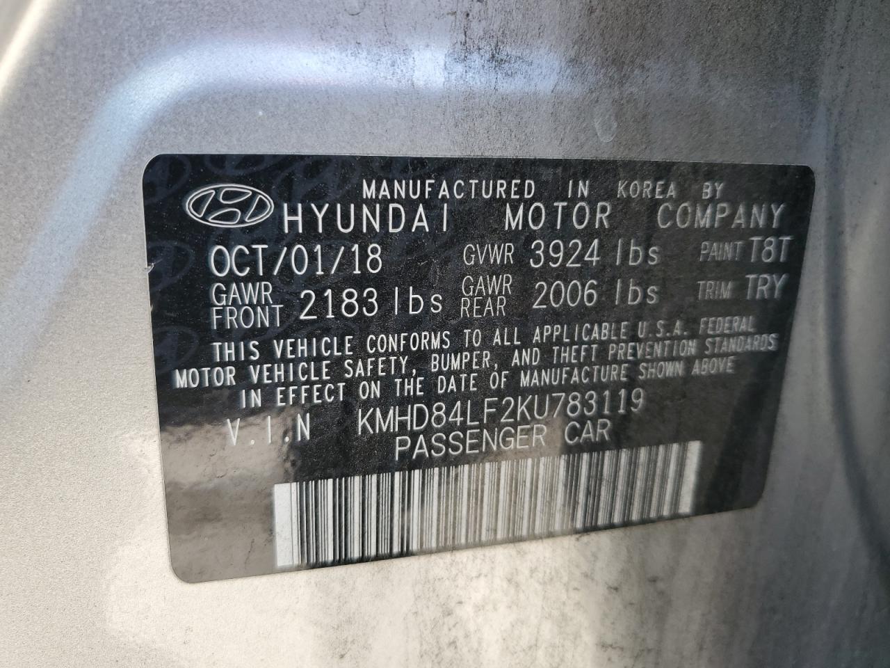 2019 Hyundai Elantra Sel VIN: KMHD84LF2KU783119 Lot: 70709384